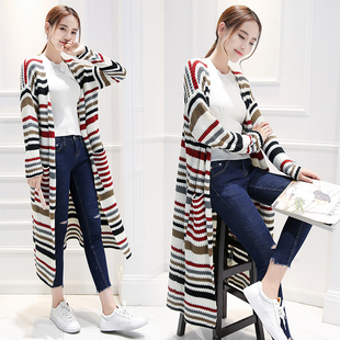 2016秋季新款韩版长袖中长款条纹针织开衫女时尚休闲外套