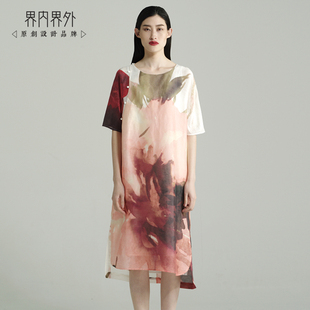 中国风中袖印花压麻连衣裙15原创女装复古典改良中式旗袍中长裙