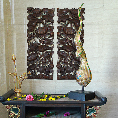 泰国雕花板 荷花柚木手工艺品通花板 东南亚风格玄关90*35单幅
