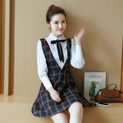韩版甜美宽松长袖蝴蝶结衬衫+背带裙a字连衣裙套装两件套