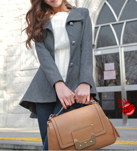 2016秋冬款女装 韩版气质纯色长袖燕尾服 修身单排扣立领毛呢外套
