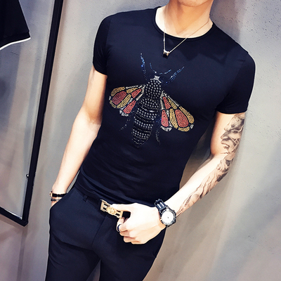 欧洲站短袖T恤男2017夏季新款韩版修身蜜蜂镶钻圆领半袖潮打底衫