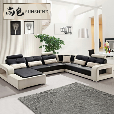 大户型真皮沙发转角组合现代简约客厅皮艺沙发进口黑白真皮沙发