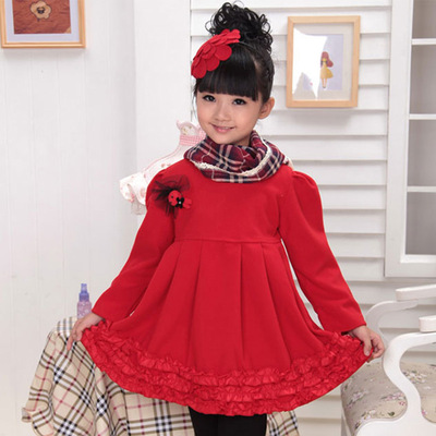 冬季韩版女童长袖高档呢子礼服裙童裙公主裙女童百折裙中大童红色