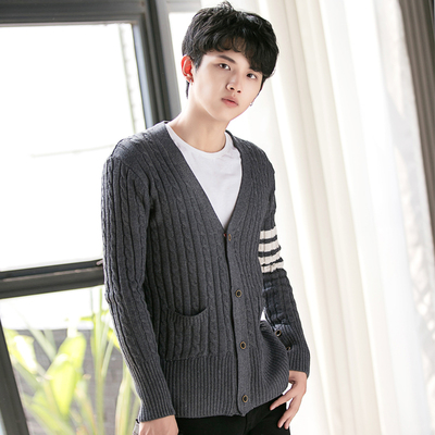 2016秋季青年长袖针织衫 韩版修身长男装针织开衫男士衣袖白条纹