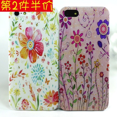 彩绘花朵iphone4s手机壳苹果5s/6代情侣保护壳透明磨砂边框保护套