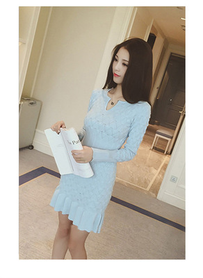 韩国代购2016秋季新款女装修身长袖性感包臀针织鱼尾荷叶边连衣裙
