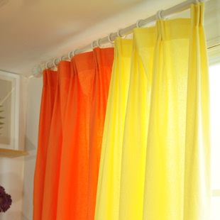 橙黄色拼接麻棉布北欧风格窗帘成品  定制做卧室客厅美式乡村窗帘