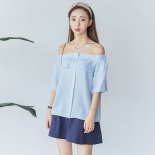 韩版新款女装 2016夏季新款露肩一字领中袖韩版衬衫女上衣