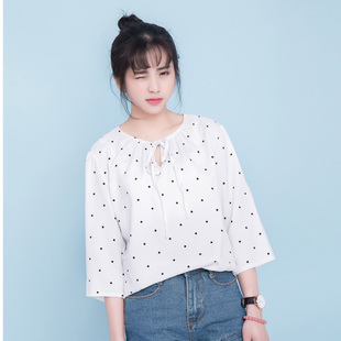 实拍2016年新款韩版显瘦系带雪纺圆点九分袖小清新衬衣