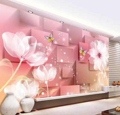 卧室壁纸3D立体粉色白莲花无缝墙布大型壁画餐厅客厅电视背景墙纸
