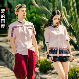 爱的国度情侣装夏装民族风新款2016韩版短袖立领T恤衫男女班服潮
