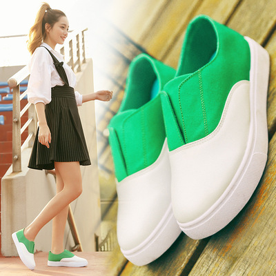夏季白绿糖果色女鞋白底拼接休闲小白鞋女生厚底套脚帆布鞋女板鞋