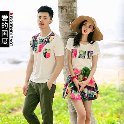 情侣装夏季新款2016韩范短袖t恤男 女短袖两件套个性套装男t女裙