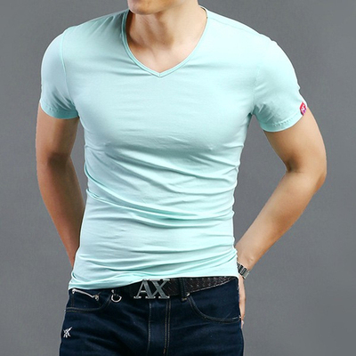 夏季莫代尔短袖T恤男V领韩版青年学生T大码薄打底衫休闲纯色T恤男