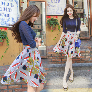 韩国代购2016新款小香风两件套连衣裙时尚印花针织套装女