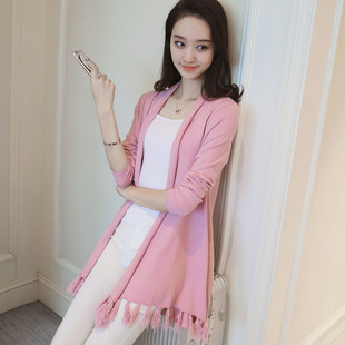 2017春季新款女装韩版宽松中长款外套薄款外搭流苏针织衫女开衫