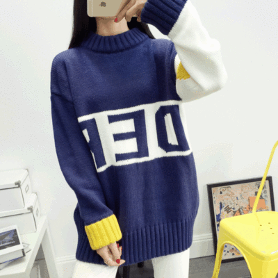 FV2016秋冬韩版学生毛衣套头女学院风拼色线衣加厚双层领针织外套