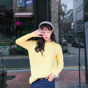 2016韩国秋冬新款纯色卷领套头长袖毛衣糖果色长袖打底针织衫女