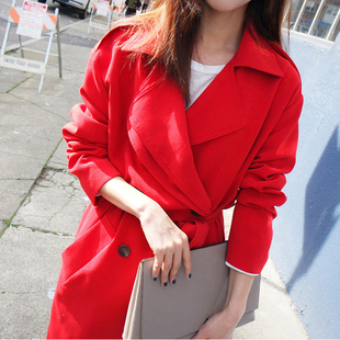 风衣女春秋韩版新款修身显瘦双排扣大红色中长款气质女士风衣外套
