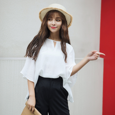 夏季新款韩版纯色白色宽松荷叶边袖子雪纺衫喇叭袖T恤半袖V领女