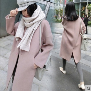 2016秋冬新款茧型毛呢外套女韩版中长款修身廓型宽松粉色呢子大衣