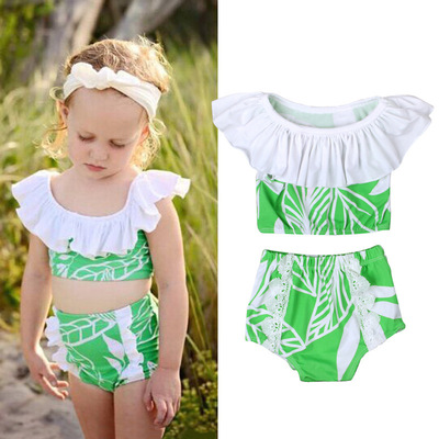 儿童夏季款游泳衣 女童泳装荷叶边分体式树叶图案泳衣