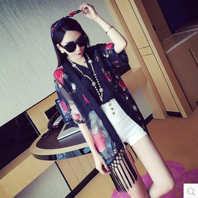 防晒衣女流苏外套夏季2016新款女装韩版和服式中长款超薄雪纺开衫