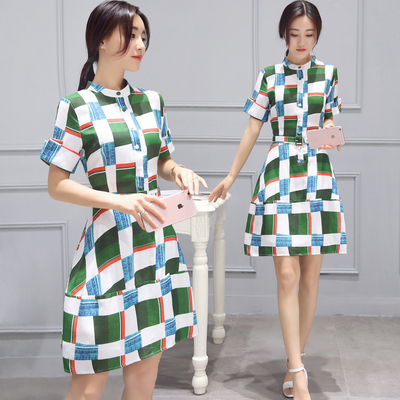 墨墨优雅韩版时尚立领夏季短袖格纹显瘦套头连衣裙AUXUA996