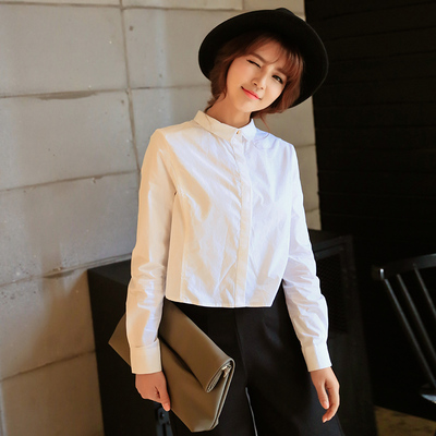 长袖衬衫女白2015秋季新款短款打底衫棉麻衬衣韩版打底衫