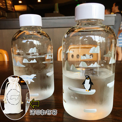 可爱北极熊玻璃杯创意便携防漏水杯学生情侣透明花茶随手杯送布套