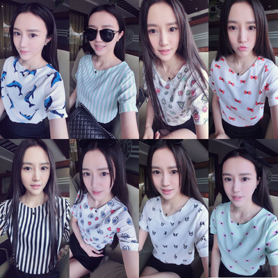 2016夏季新款韩版女装卡通雪纺短袖T恤女 爆款短袖雪纺衫