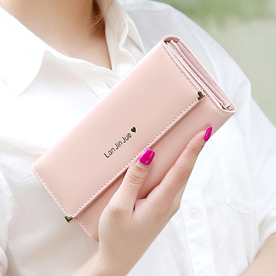 新款韩版时尚学生纯色手拿包爱心三折大容量卡包钱夹长款女士钱包
