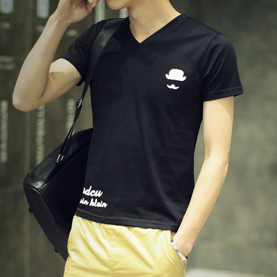 男装新款韩版卡通纯色修身纯棉男士短袖T恤V领印花半袖体恤衫t桖