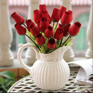 高档红色仿真玫瑰花木质制假花瓶逼真仿真花干花餐桌装饰花艺术花