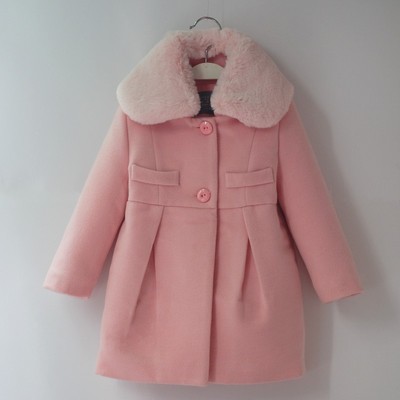 高档女童羊毛呢大衣中长款大毛领粉色女宝宝大衣外套夹棉2-3-4岁
