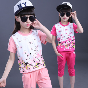 童套装2016夏季新款韩版女童中大童时尚短袖学生装花朵两件套