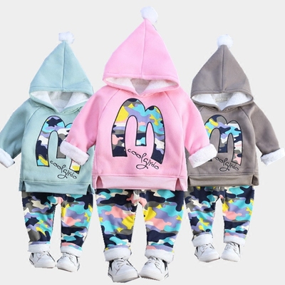 男女宝宝冬季新款羊羔绒加绒加厚两件套装0-123岁婴儿卫衣韩版潮