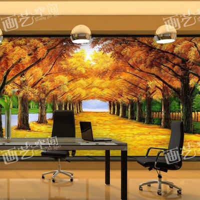 大型壁画客厅卧室沙发电视背景墙纸壁纸秋天童话风景自然红叶大道