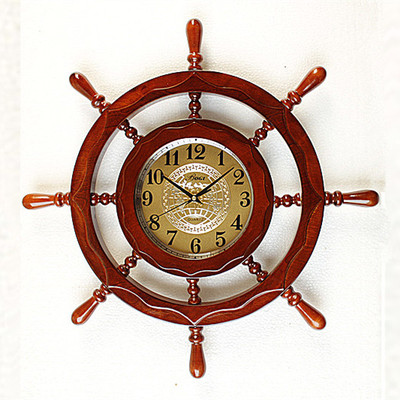 大号船锚船舵欧式实木挂钟客厅静音现代简约圆形创意舵手地中海表