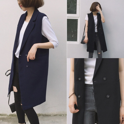 2016新品女装秋季 韩版时尚修身中长款西装领双排扣西装马甲外套