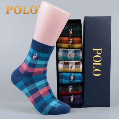 POLO男士袜子正品 7双礼盒装秋冬款奢华英伦方格棉袜中筒男袜子