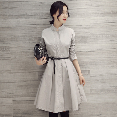 2016年秋季新款韩版纯色连衣裙显瘦时尚女装立领中长款长袖打底裙