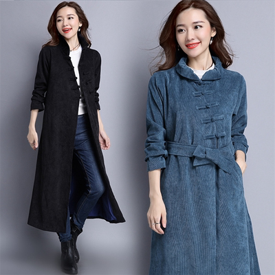 2016秋季新款韩版女装外套风 民族风长袖灯芯绒系带加厚保暖大衣