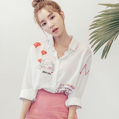 2016秋季新款韩版个性涂鸦刺绣可爱图案长袖衬衫衬衣女