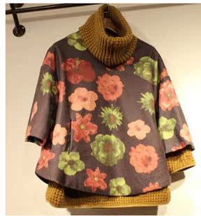 韩国代购2014春秋新款毛呢外套女 针织拼接印花假两件套 送脖套