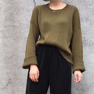 2016秋季新款韩版女装宽松复古竖条纹喇叭长袖套头针织衫
