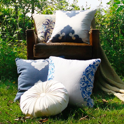 棉麻刺绣沙发靠垫新中式复古抱枕方枕蓝色高档丝布样板房装饰靠枕