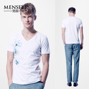 Menseye/男眼 水墨印染文艺T恤 夏季修身优雅纯棉v领薄款短袖T恤