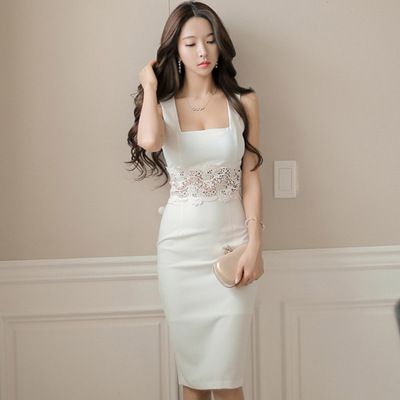 韩版女装2016新款夏装无袖蕾丝拼接性感气质优雅中长款包臀连衣裙